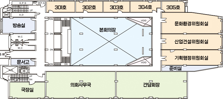 방송실, 301호, 302호, 303호, 304호, 305호, 방송실, 문서고, 국장실, 의회사무국, 간담회장, 본회의장, 산업건설위원회실, 기획행정위원회실, 의회운영위원회실, 준비실